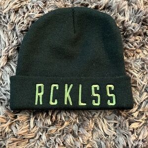 Black and green beanie “RCKLSS” in black and green.  Unisex